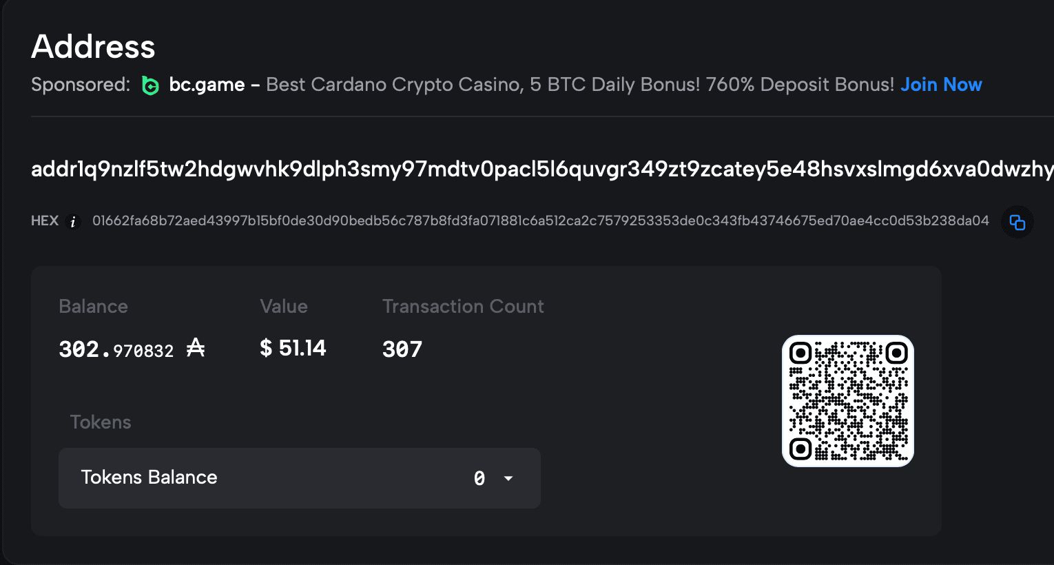 Wallet information on Cardanoscan
