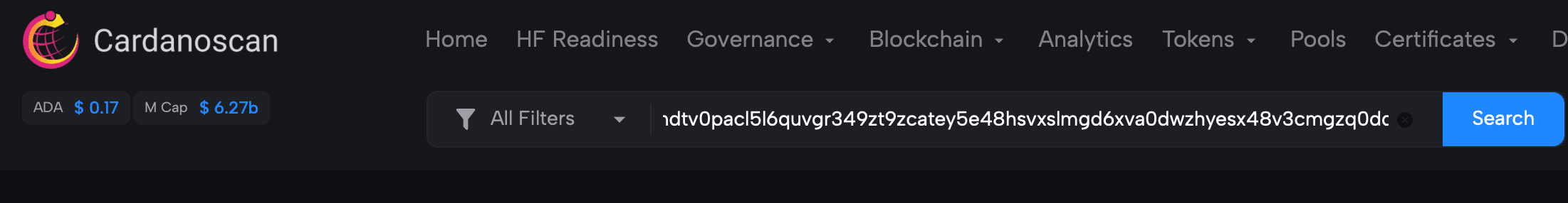 Searching a wallet address on Cardanoscan