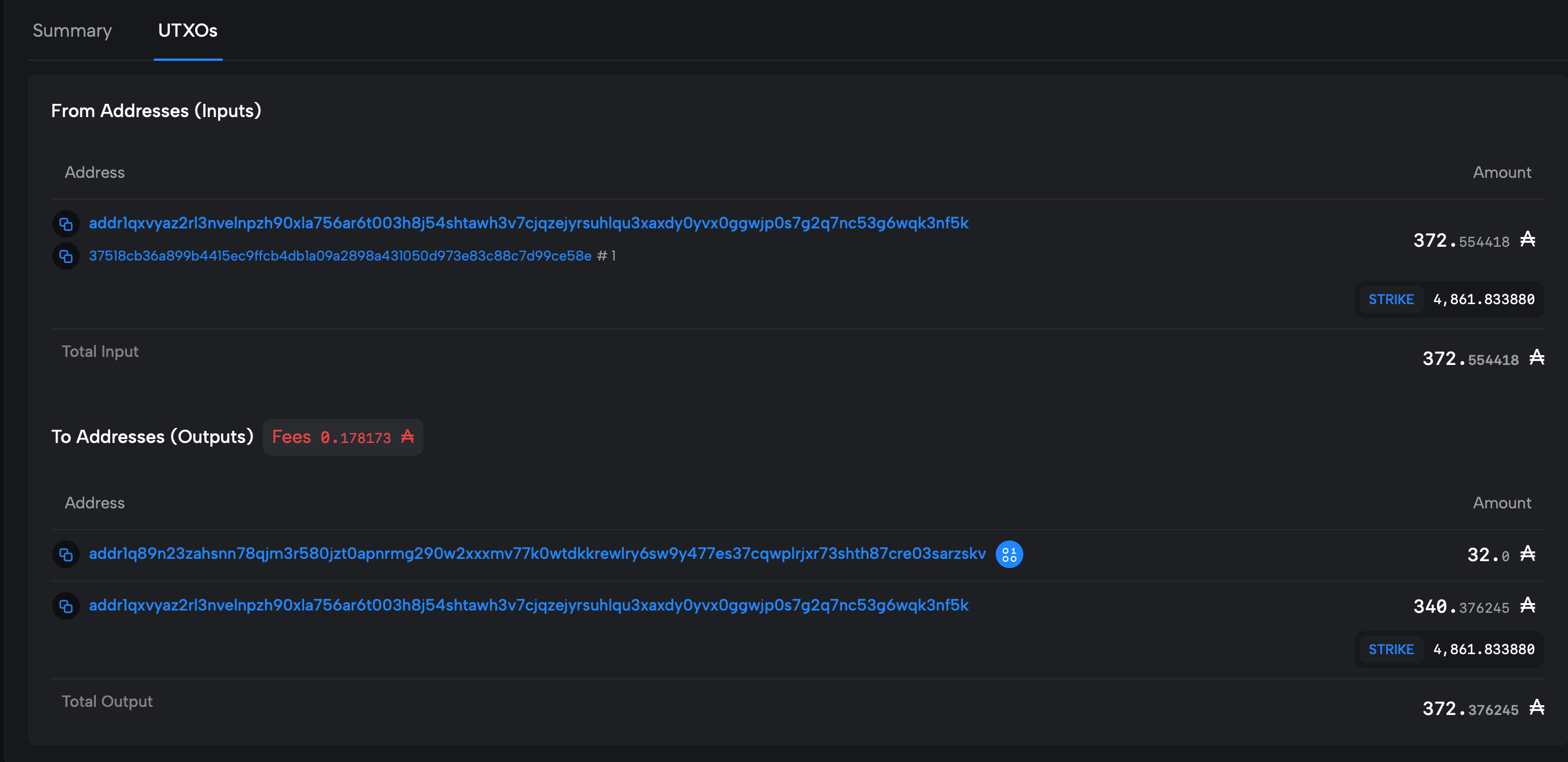 UTXO transaction details on Cardanoscan