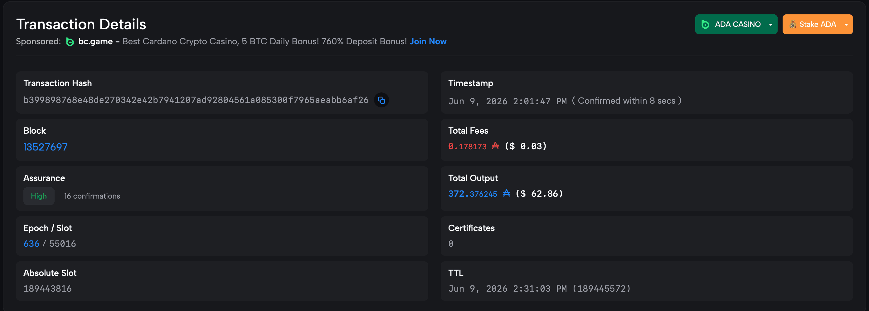Transaction details on Cardanoscan