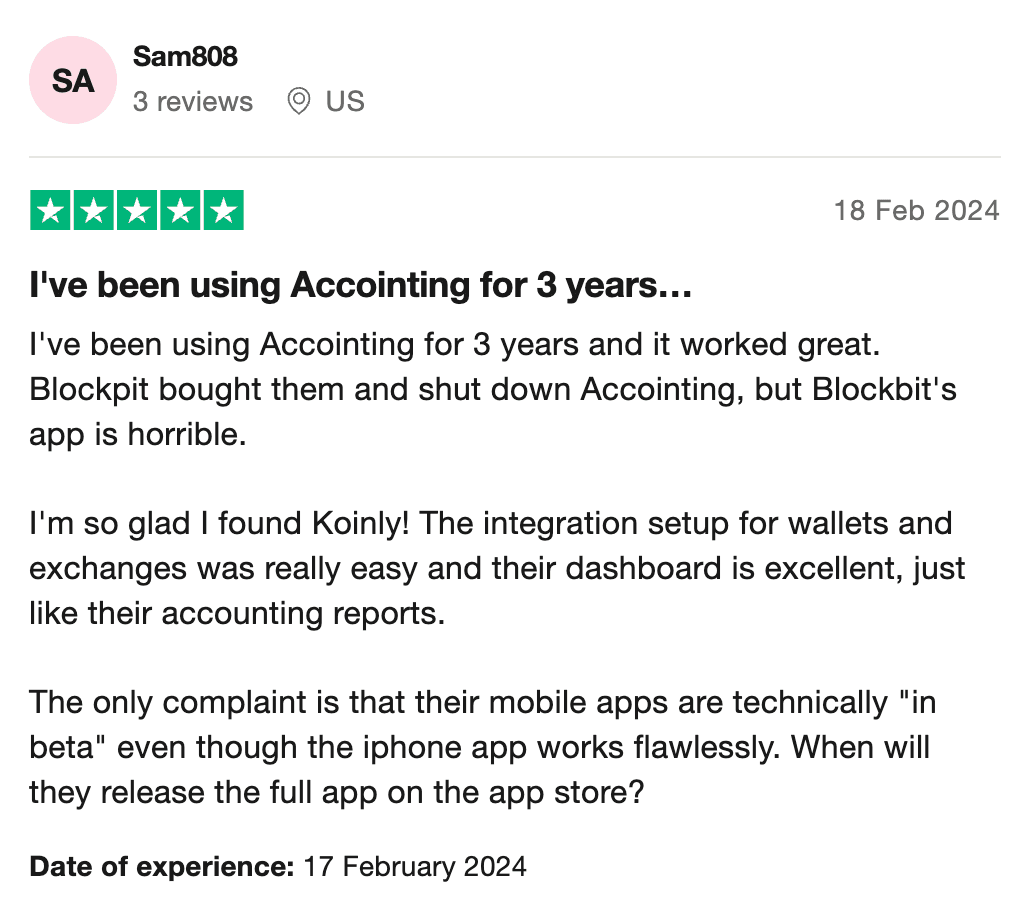 Trustpilot Review Blockpit v Koinly