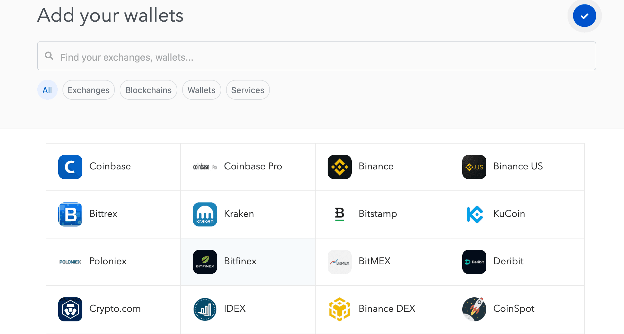 Screengrab of Koinly crypto wallets and exchange setup page