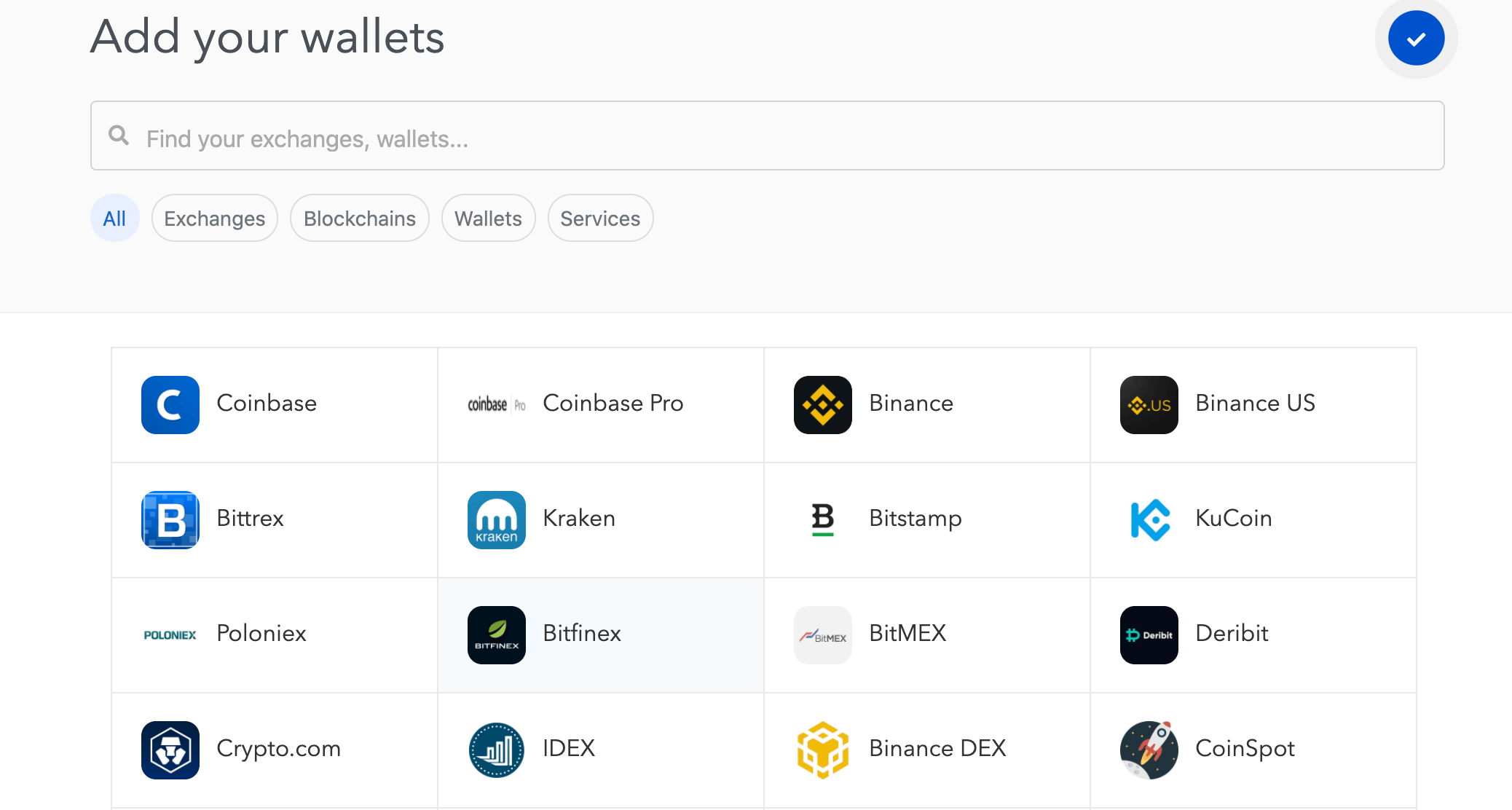 Screengrab of Koinly crypto wallets and exchange setup page including the Binance icon.