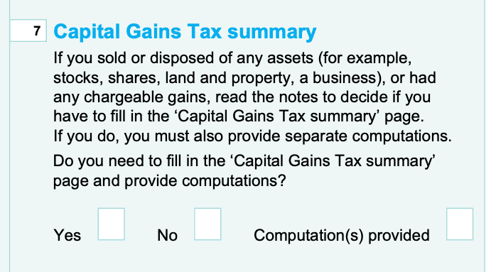 HMRC Self Assessment Tax Return - Capital Gains Tax Summary for Crypto