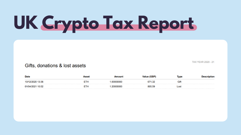 UK crypto tax report gifts, donations and lost assets transactions